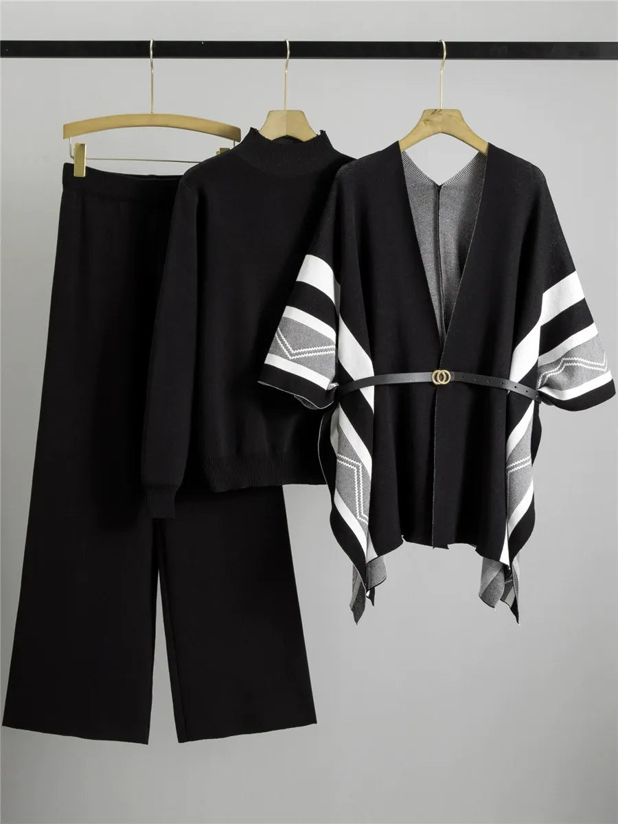 Women's 3-piece knitted set – Turtleneck sweater – Wide pants – Cardigan with belt
