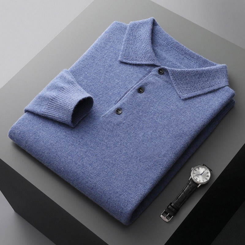 Heren polo sweatshirt – Regular fit – Fijngebreid – Ribboorden – Knoopsluiting
