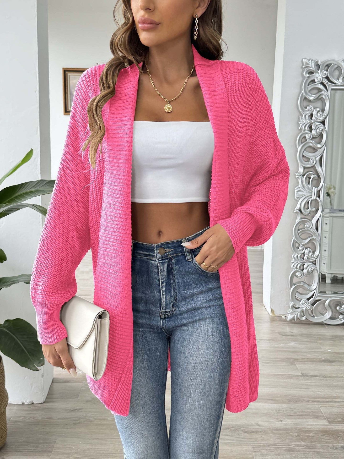 Dames Vest – Lang Model – Ribgebreid – Losvallend – Sjaalkraag – Parelknopen