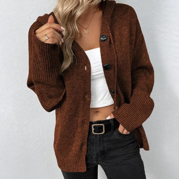 Dames Vest Met Capuchon – Oversized Pasvorm – Gebreide Stof – Knoopsluiting – Geribde Boorden