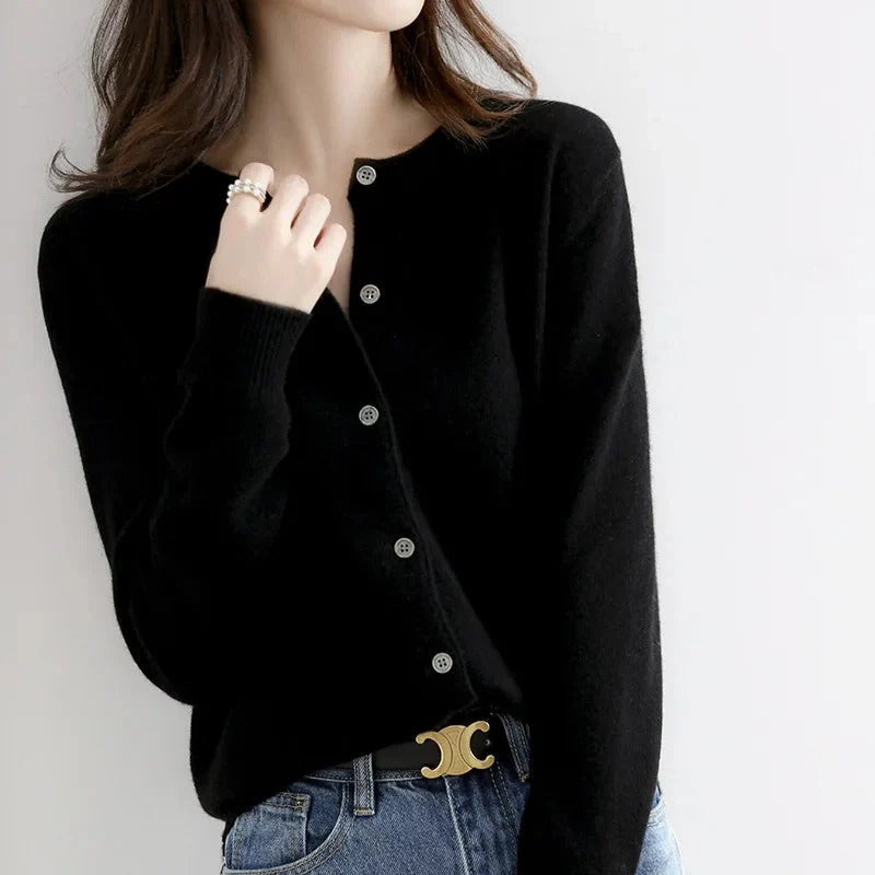 Dames Cardigan – Wol – Normale pasvorm– Knoopsluiting – Geribde Boorden – Klassiek Model