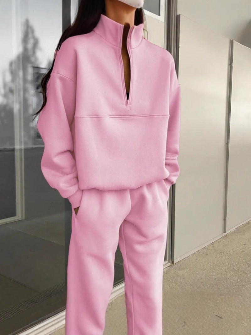 Dames Loungepak – Oversized Trui met Kwart-Rits – Tapered Broek met Hoge Taille - Outfit Sets