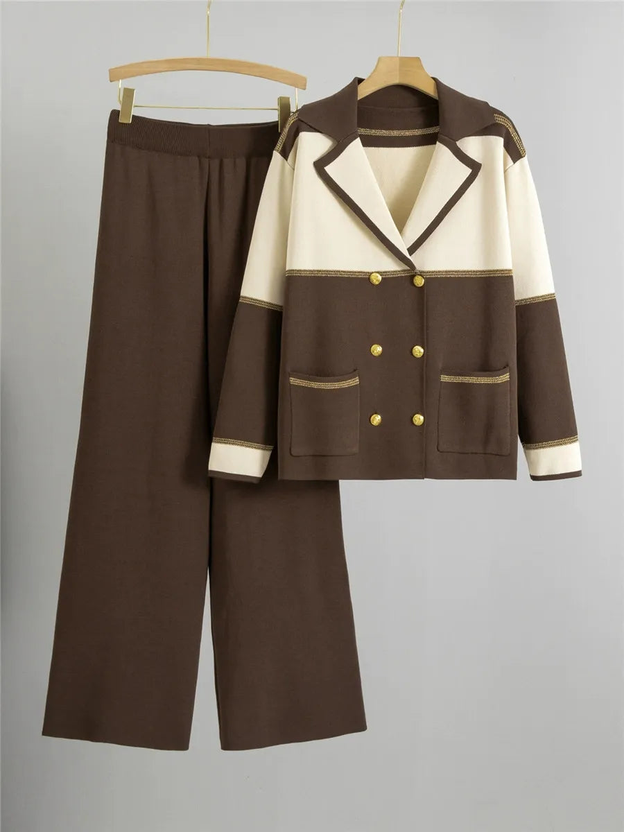 Dames Pak – Gebreide Blazer met Reverskraag – Double-Breasted – Wijde Broek