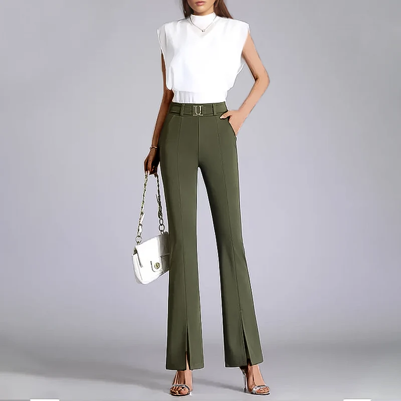 Dames Flared Broek – Hoge Taille – Slanke Pasvorm – Split Voorzoom – Met Ceintuur