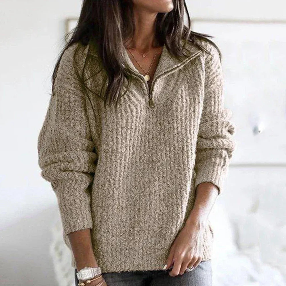 Dames Half-Zip Trui – Relaxte pasvorm – Dikke Gebreide – Zachte Wolmix – Casual Stijl