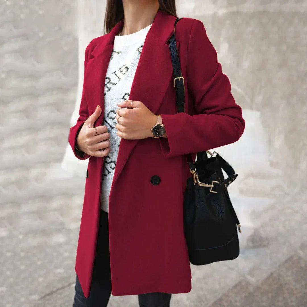 Dames Mantel – Wol Look – Getailleerd Model – Dubbelrijig – Midlange Lengte