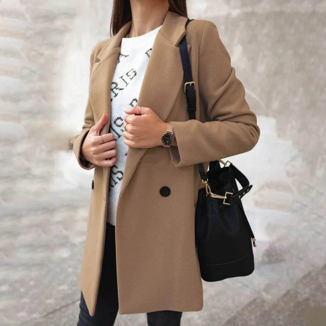 Dames Mantel – Wol Look – Getailleerd Model – Dubbelrijig – Midlange Lengte