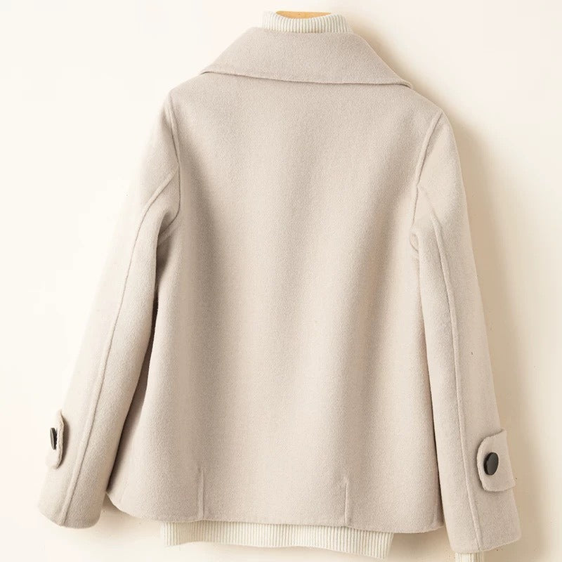 Women's Short Coat – Tailored Fit – Wool – Double-Breasted – Notch Lapel – Button Cuffs
