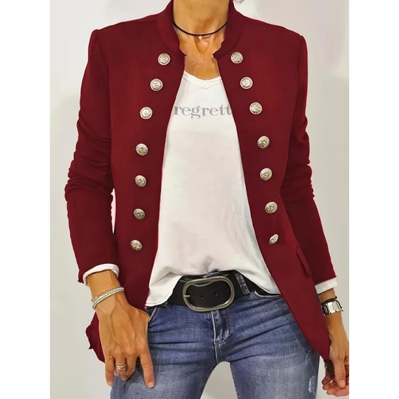 Damesblazer – Nauwsluitende Pasvorm – Wollook – Dubbelrijige Sluiting – Opstaande Kraag