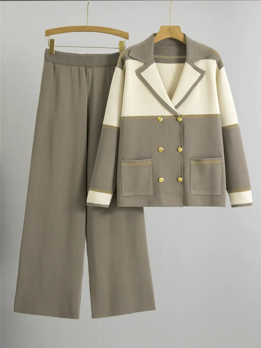 Dames Pak – Gebreide Blazer met Reverskraag – Double-Breasted – Wijde Broek
