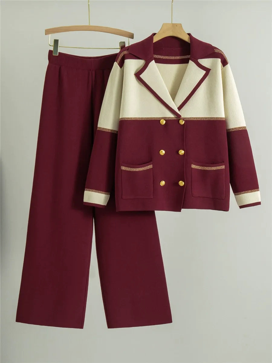 Dames Pak – Gebreide Blazer met Reverskraag – Double-Breasted – Wijde Broek