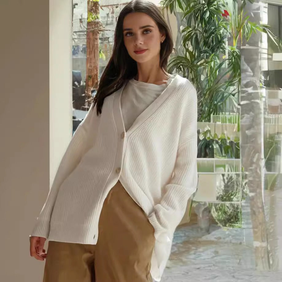 Dames Vest – Oversized Gebreid – V-Hals – Knoopsluiting – Lange Mouwen – Wol Look