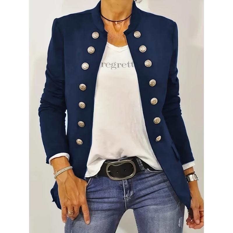 Damesblazer – Nauwsluitende Pasvorm – Wollook – Dubbelrijige Sluiting – Opstaande Kraag