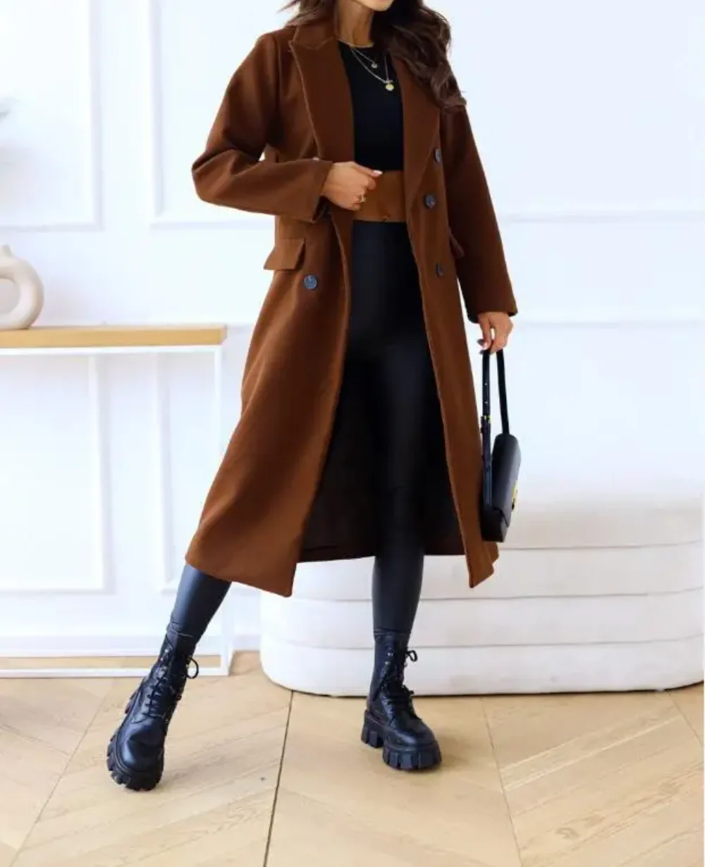 Dames Lange Jas – Wolmix – Getailleerd Model – Dubbelrijige Sluiting – Elegante Uitstraling