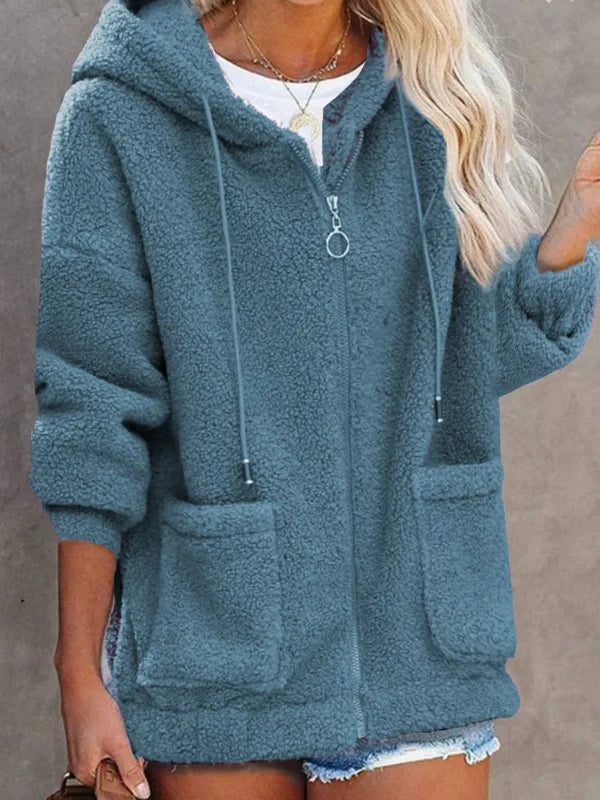 Damescardigan Met Capuchon – Fleece – Oversized Pasvorm – Ritssluiting – Buikzakken