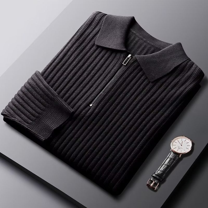 Heren Trui – Slim Fit – Ribgebreid – Polo Kraag – Halve Rits – Lange Mouw