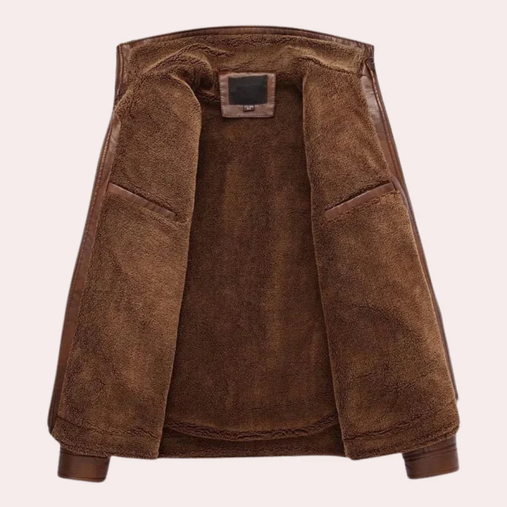 Men's leather jacket – Slim fit – Lined interior – High collar – Multiple pockets