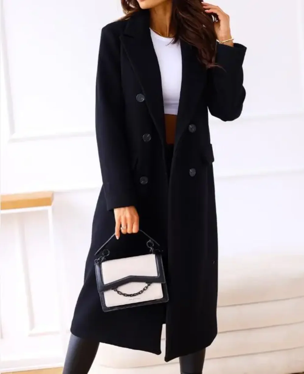 Dames Lange Jas – Wolmix – Getailleerd Model – Dubbelrijige Sluiting – Elegante Uitstraling