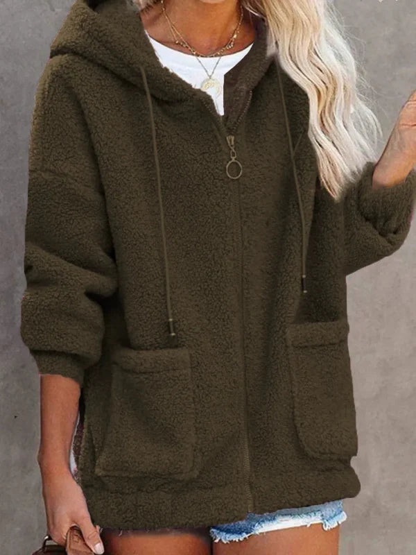 Damescardigan Met Capuchon – Fleece – Oversized Pasvorm – Ritssluiting – Buikzakken