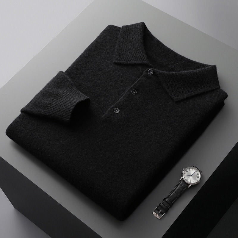 Heren polo sweatshirt – Regular fit – Fijngebreid – Ribboorden – Knoopsluiting