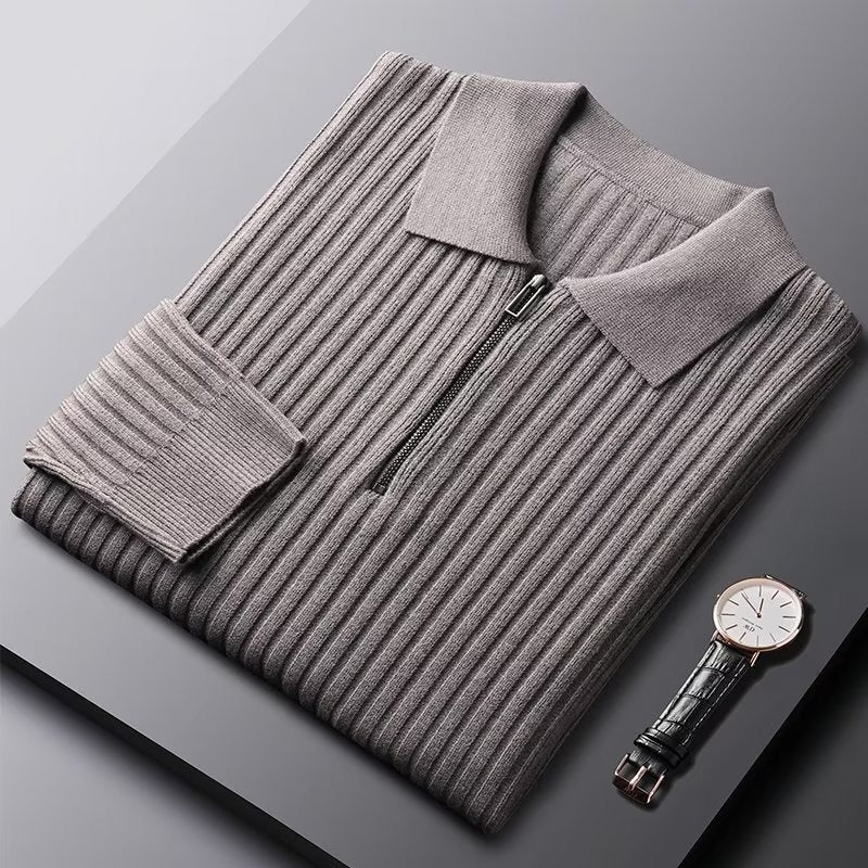 Heren Trui – Slim Fit – Ribgebreid – Polo Kraag – Halve Rits – Lange Mouw