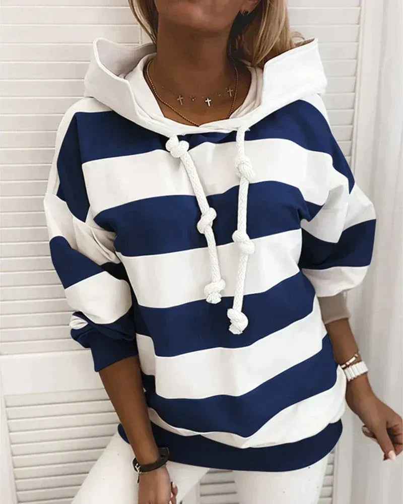 Dames Hoodie – Oversized Pasvorm – Katoenmix – Gestreept – Ribboorden – Knopenkoord