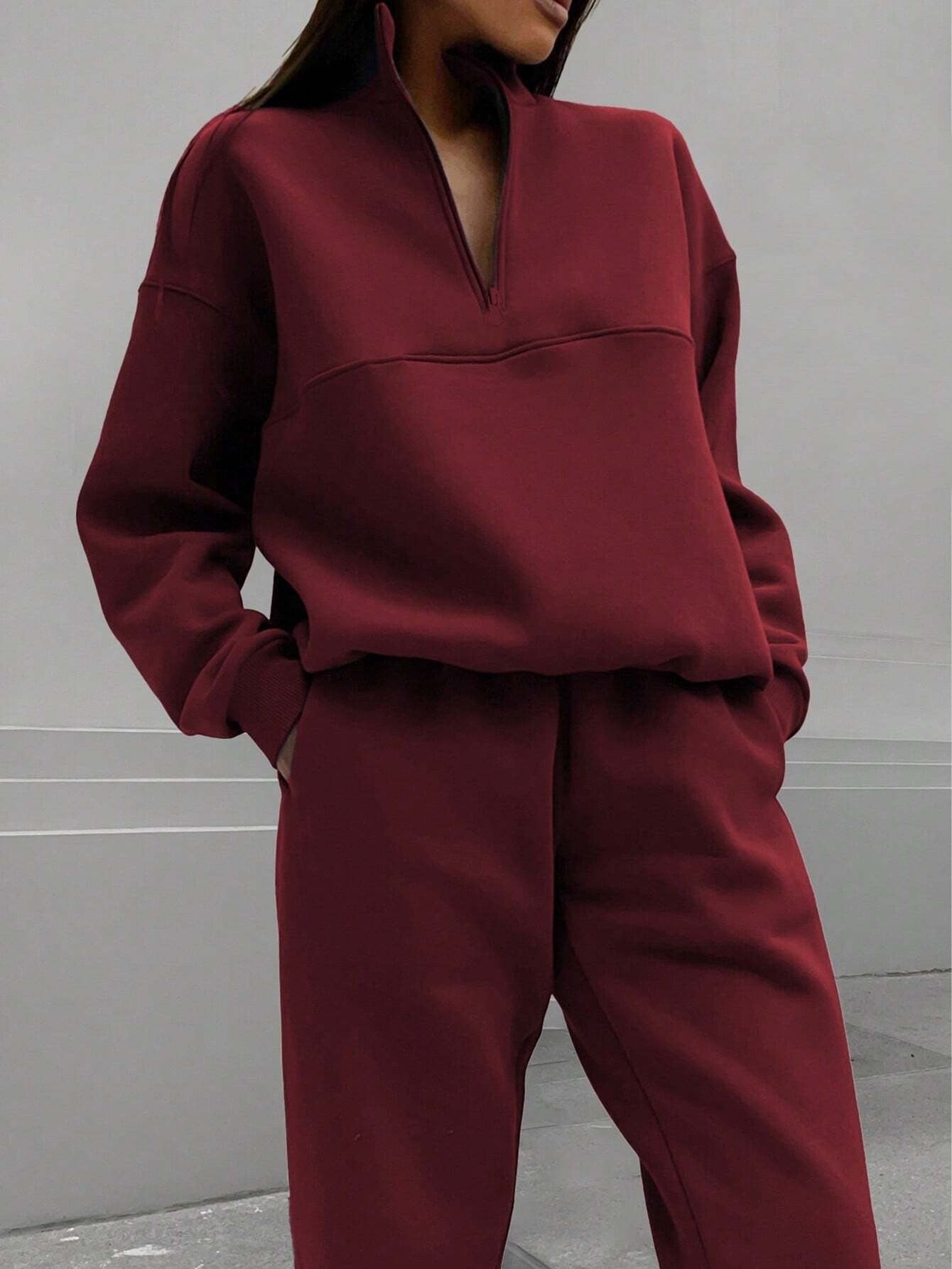 Dames Loungepak – Oversized Trui met Kwart-Rits – Tapered Broek met Hoge Taille - Outfit Sets