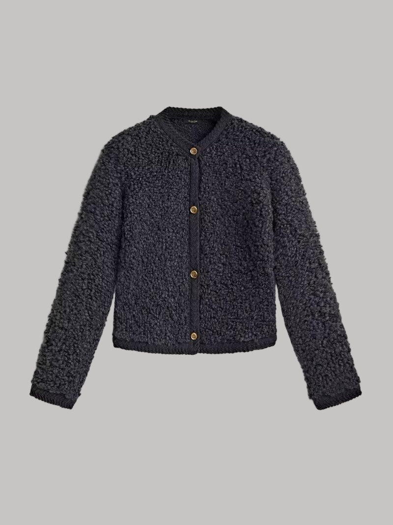 Dames vest – Cropped model – Losvallend – Shaggy knit – Lange mouw – Knoopsluiting