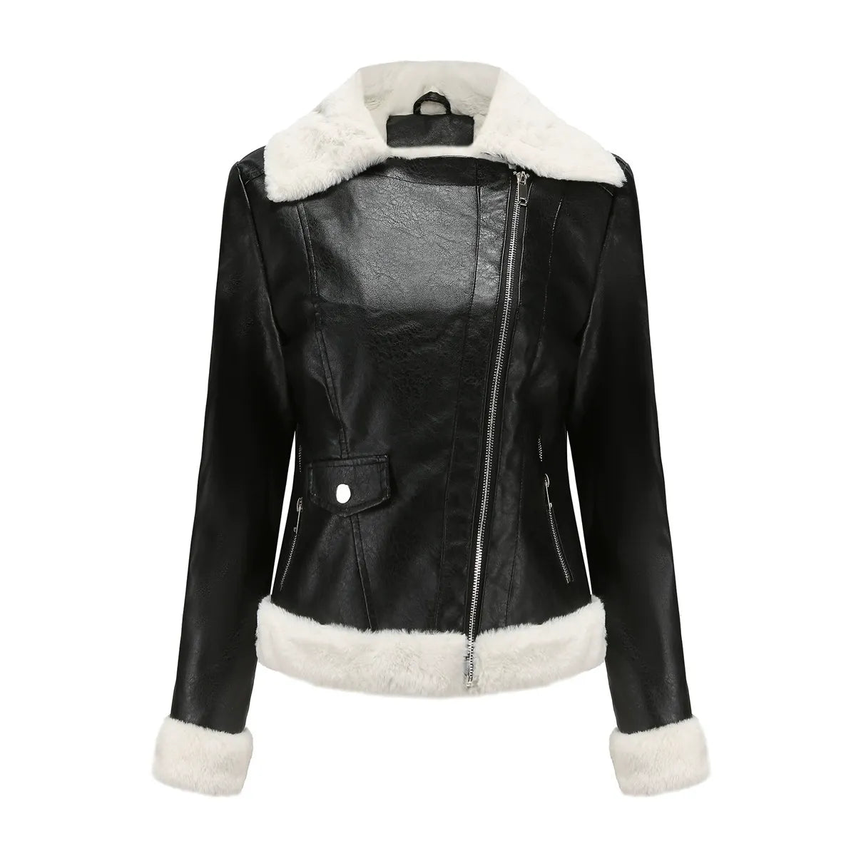 Dames Jack – Imitatieleer – Pluche Bontvoering – Asymmetrische Rits – Getailleerd Model