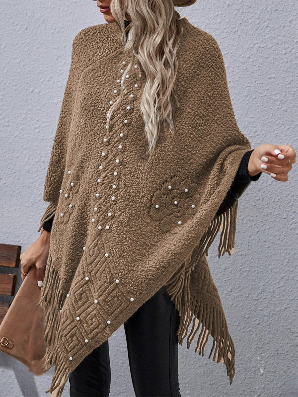 Dames poncho – Losse pasvorm – Asymmetrische zoom – Kralenversiering – Franjes