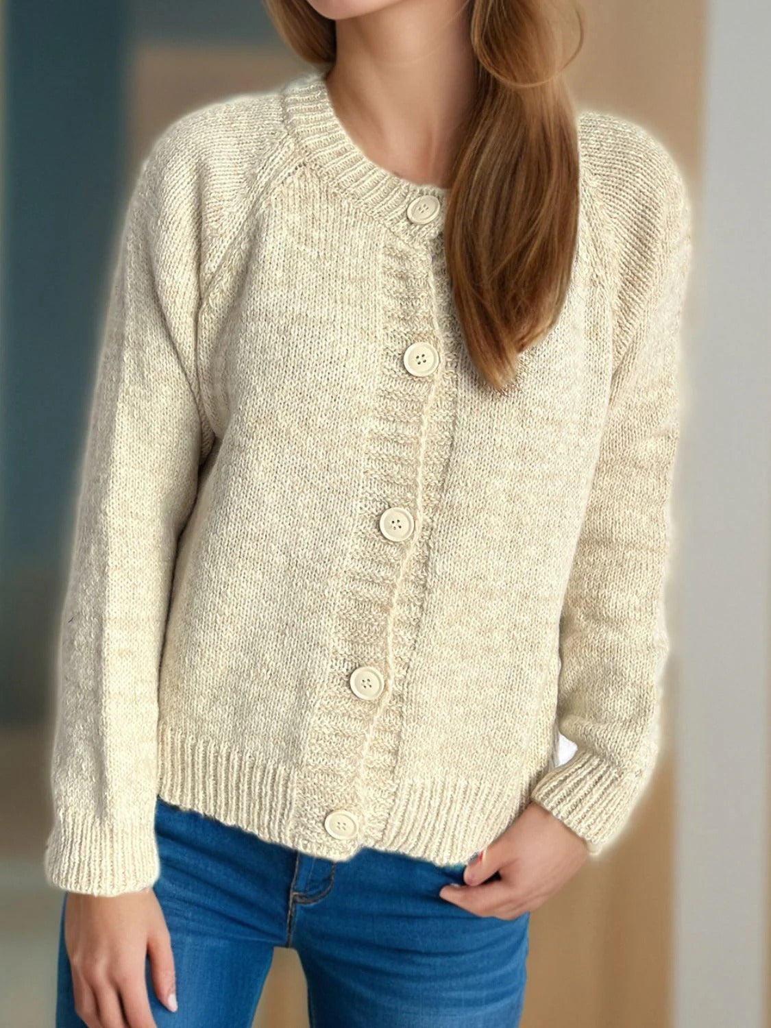 Dames Vest – Relaxed Fit – Marled Knit – Knoopsluiting – Geribde Boorden – Cropped Model