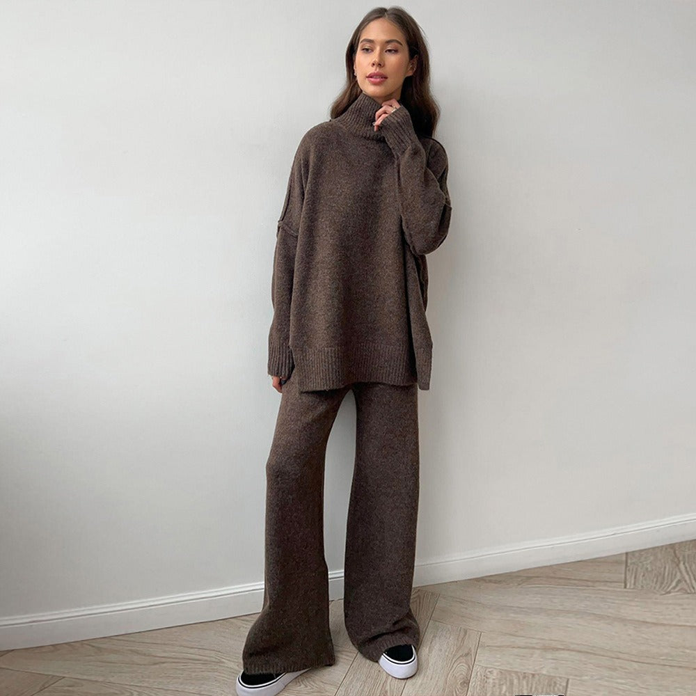 Women's Sweater Set – Oversized Fit – Chunky Knit – Turtleneck and Wide-Leg Pants