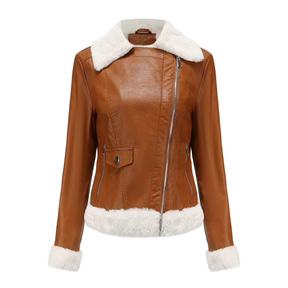 Dames Jack – Imitatieleer – Pluche Bontvoering – Asymmetrische Rits – Getailleerd Model