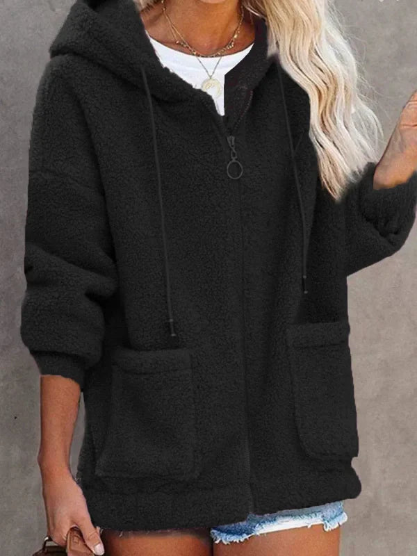 Damescardigan Met Capuchon – Fleece – Oversized Pasvorm – Ritssluiting – Buikzakken