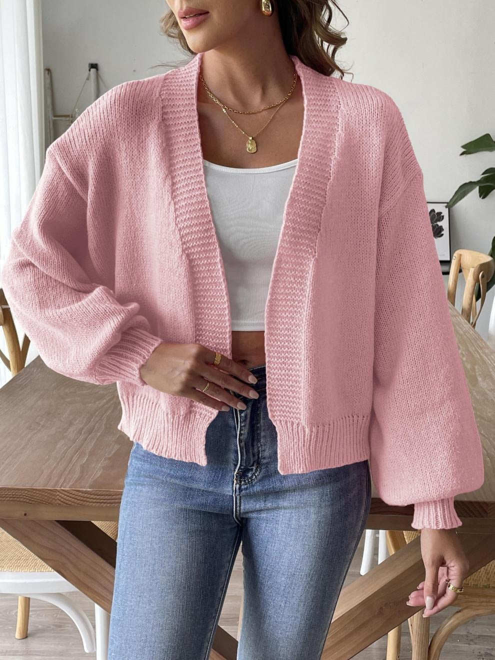 Dames vest – Relaxed fit – Gebreid – Open voorkant – Lantern mouwen – Geribd – Cropped