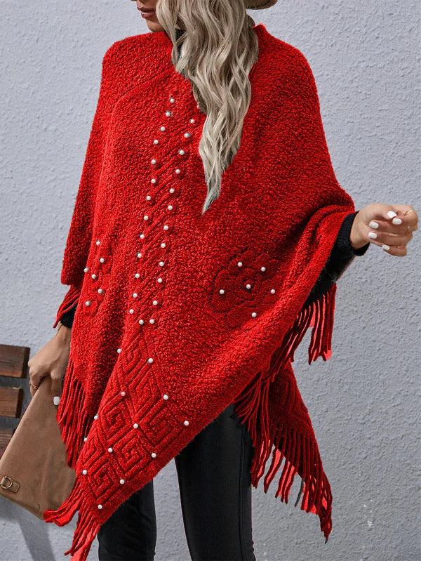 Dames poncho – Losse pasvorm – Asymmetrische zoom – Kralenversiering – Franjes
