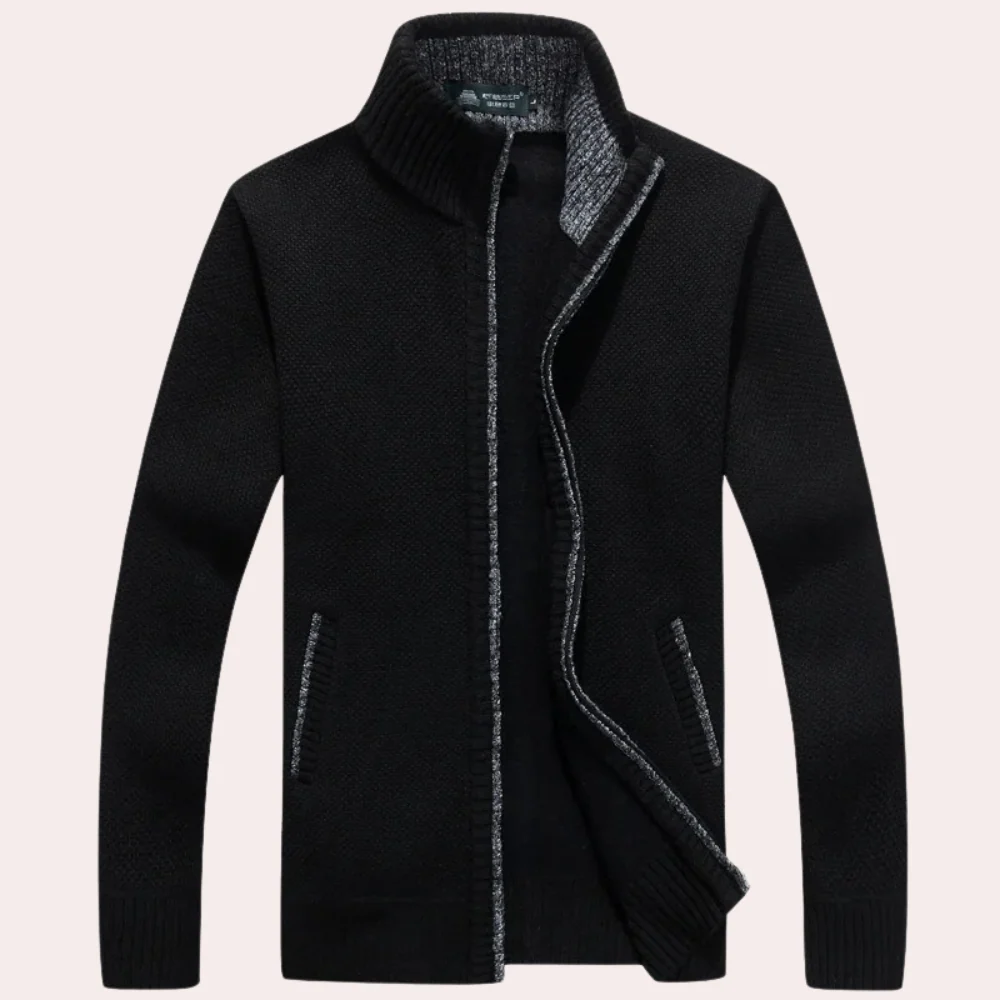 Heren vest met rits – Relaxed fit – Textuurgebreid – Opstaande kraag – Ribboorden