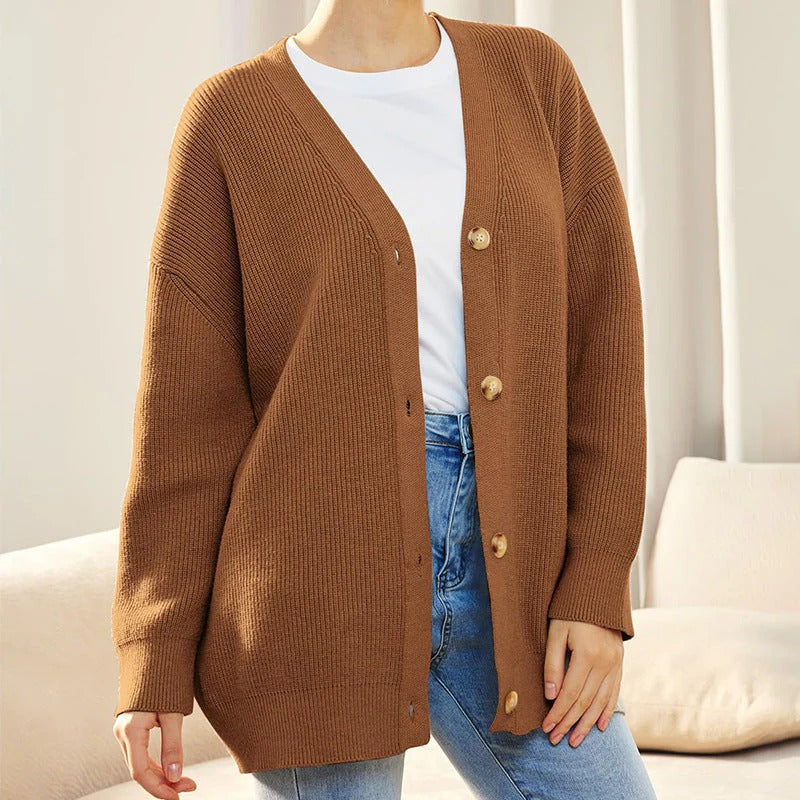 Dames Vest – Relaxed Fit – Geribde Wolmix – V-Hals – Knoopsluiting