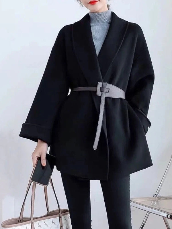Dames Mantel – Oversized Pasvorm – Wol – Sjaalkraag – Taille Ceintuur – Midilengte