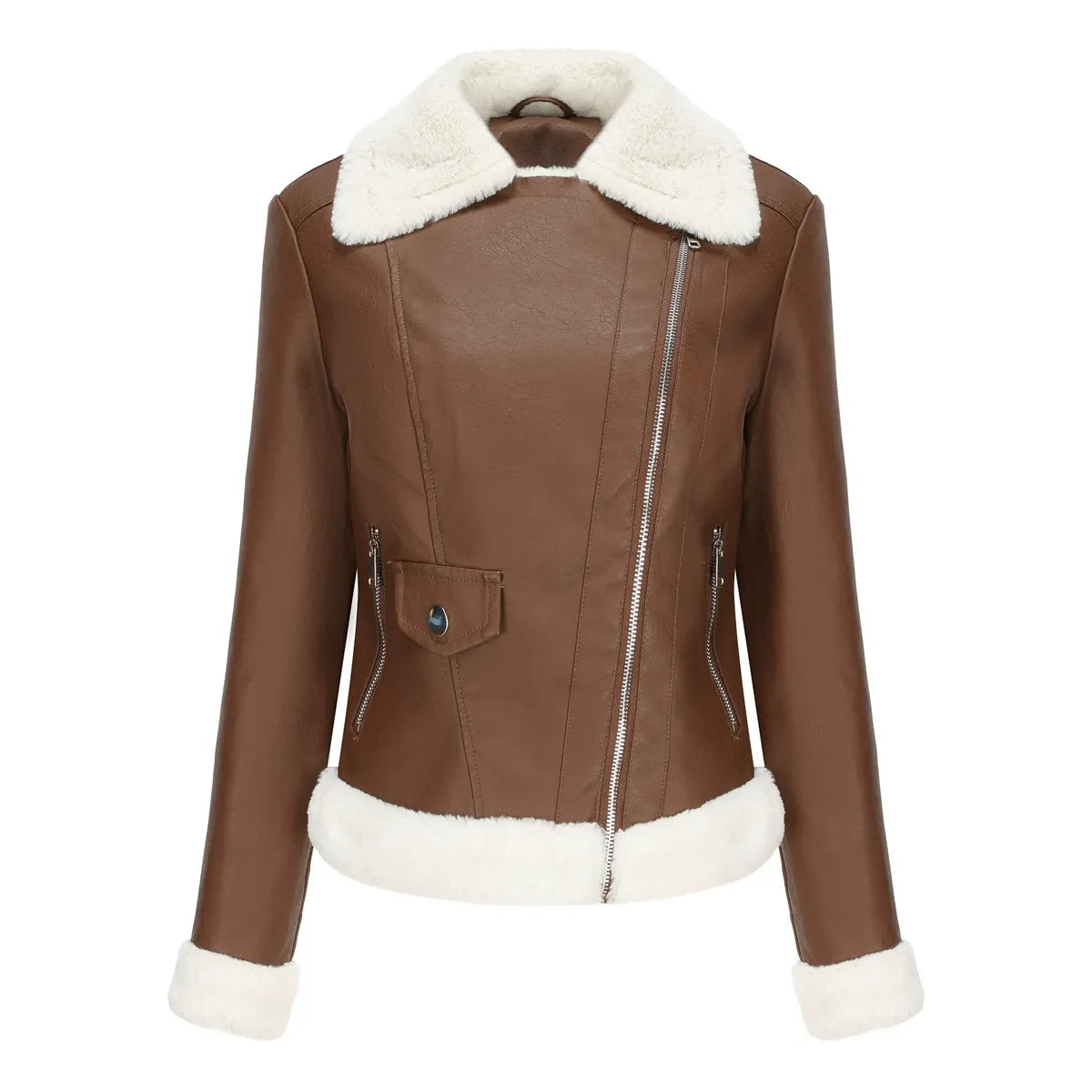 Dames Jack – Imitatieleer – Pluche Bontvoering – Asymmetrische Rits – Getailleerd Model