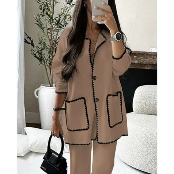 Dames Tweedelige Set – Wolmix – Relaxte Pasvorm – Contrasterende Bies – Opgestikte Zakken