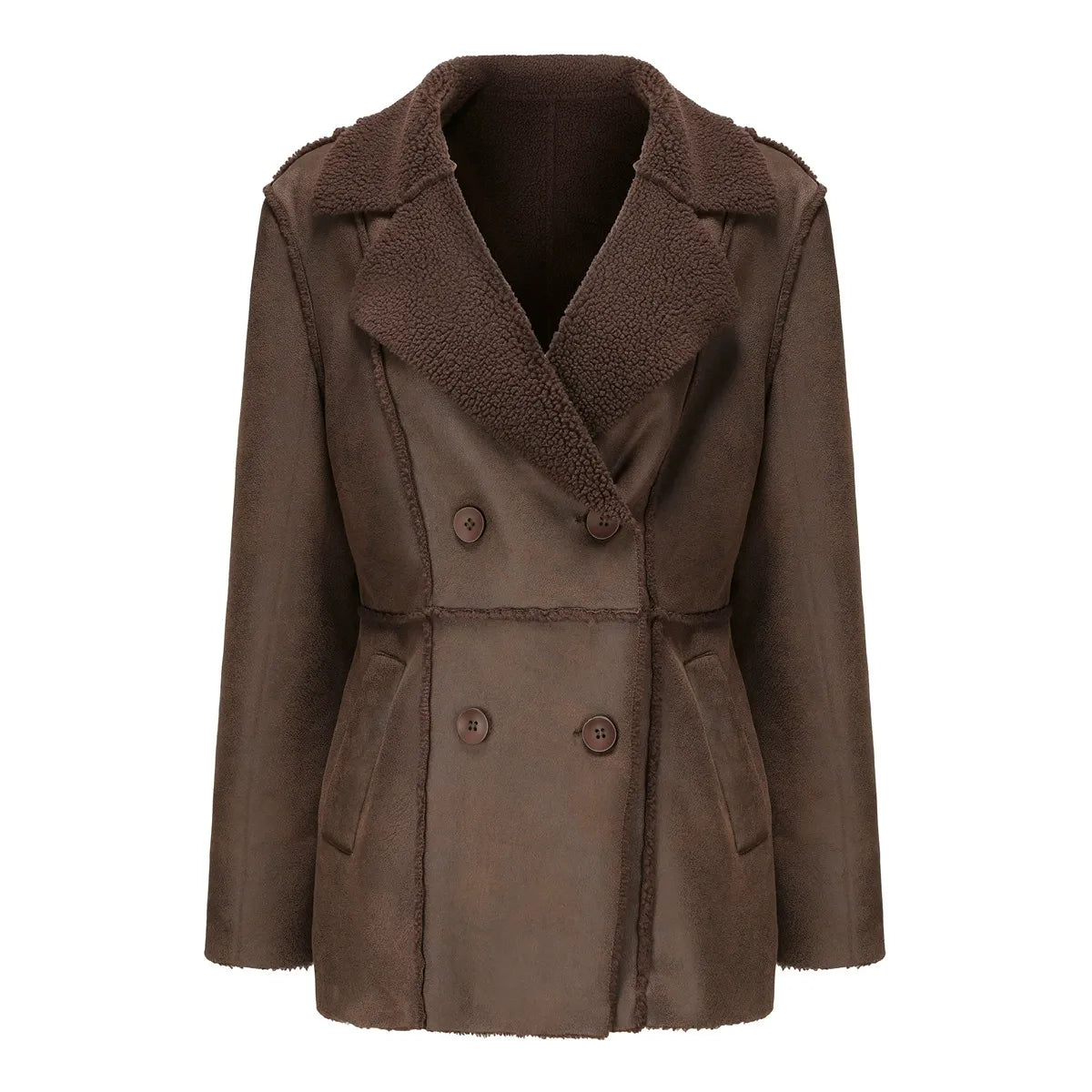 Dames Wintermantel – Mid-Lengte – Dubbelrijig – Sherpavoering – Imitatiesuède – Normale Pasvorm