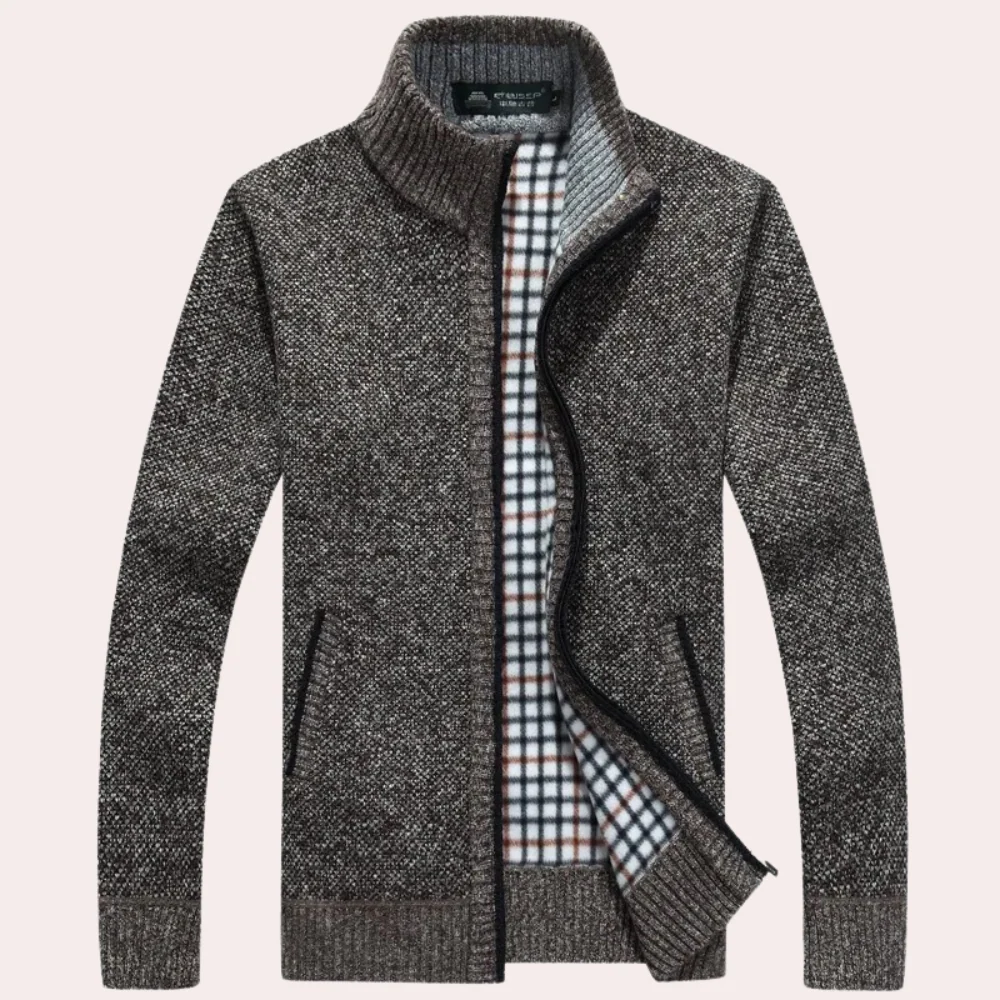 Heren vest met rits – Relaxed fit – Textuurgebreid – Opstaande kraag – Ribboorden