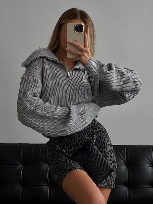 Dames Sweatshirt– Wol – Relaxte Pasvorm – Hoge ritssluiting – Geribbelde boorden