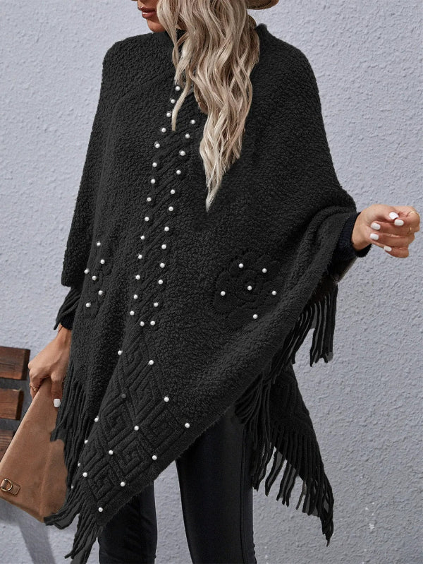 Dames poncho – Losse pasvorm – Asymmetrische zoom – Kralenversiering – Franjes