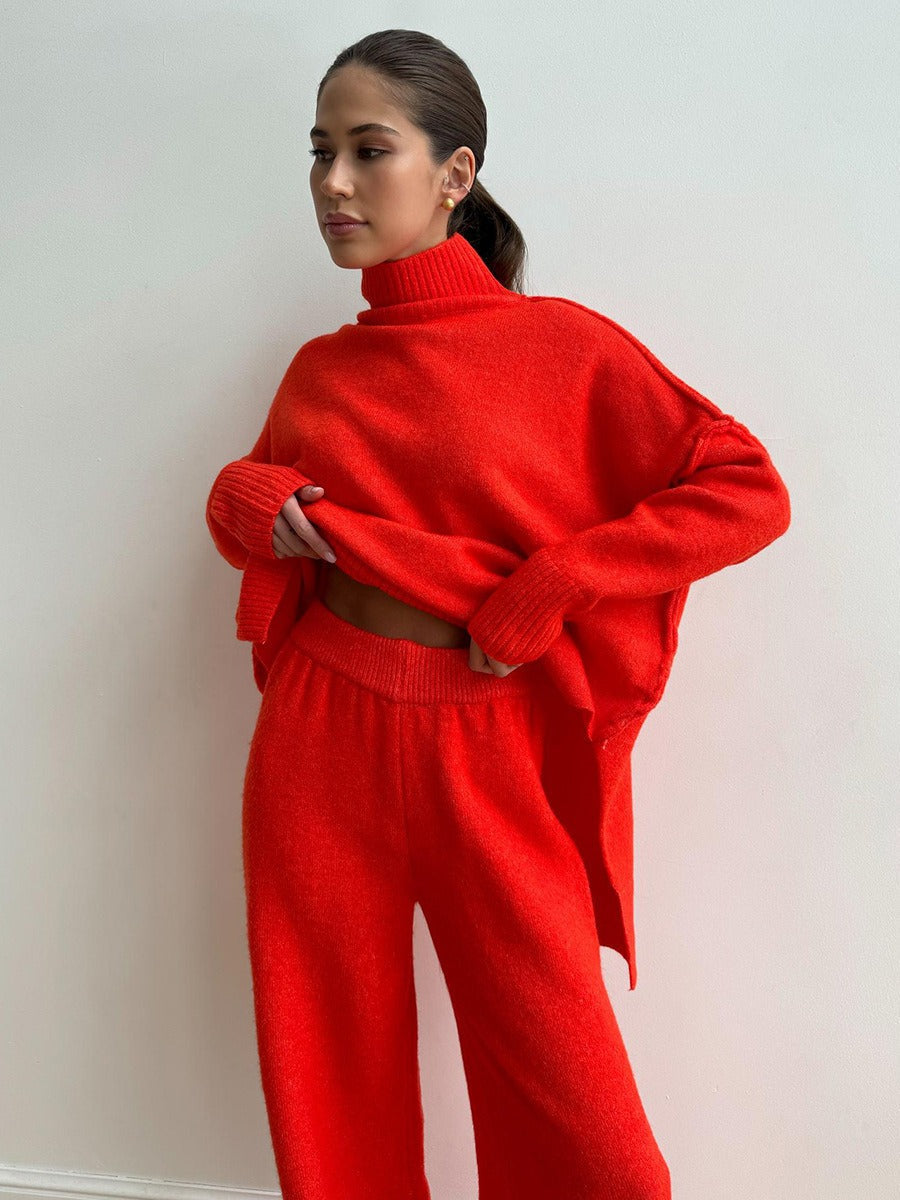 Women's Sweater Set – Oversized Fit – Chunky Knit – Turtleneck and Wide-Leg Pants