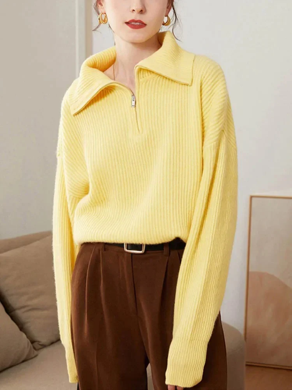 Dames Sweatshirt– Wol – Relaxte Pasvorm – Hoge ritssluiting – Geribbelde boorden