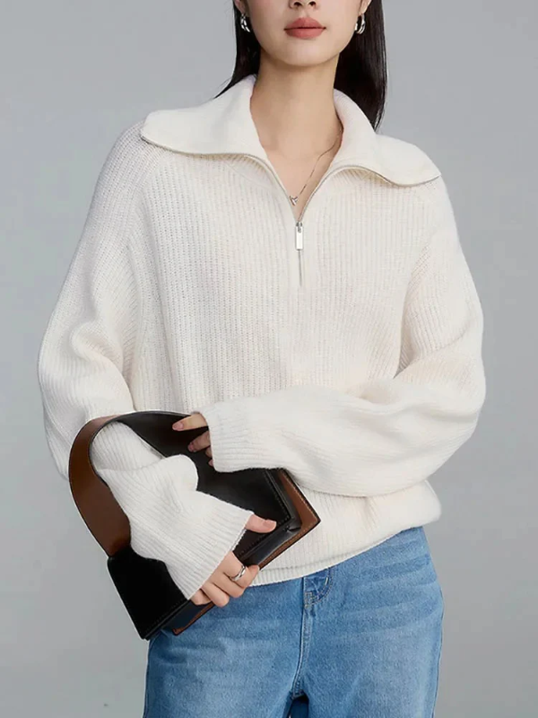 Dames Sweatshirt– Wol – Relaxte Pasvorm – Hoge ritssluiting – Geribbelde boorden