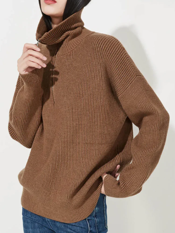 Dames Sweatshirt– Wol – Relaxte Pasvorm – Hoge ritssluiting – Geribbelde boorden