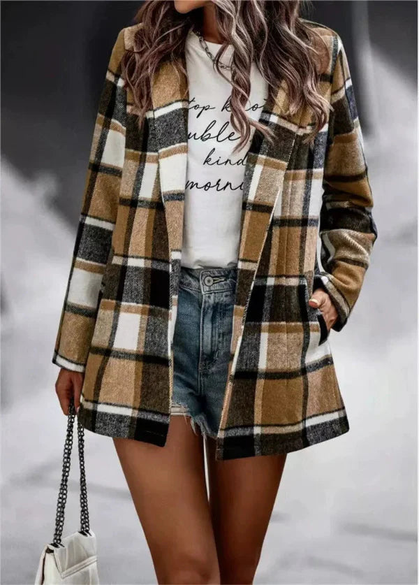 Dames cardigan jas – Oversized pasvorm – Wolachtig – Ruitprint – Open front – Lange mouw